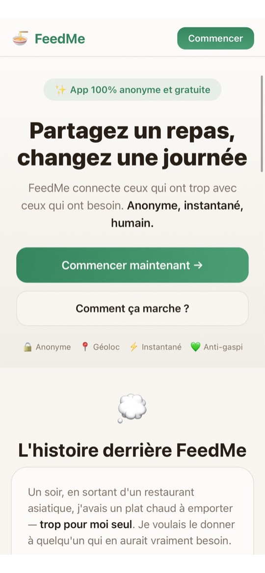 Écran d'accueil FeedMe — Partagez un repas, changez une journée